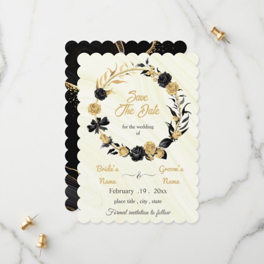 elegantes goldfarbenes und schwarzes Blumengewirr Save The Date (Vorderseite/Rückseite Beispiel)