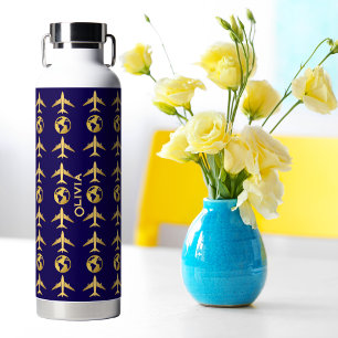 Elegantes Goldflugzeug & Weltkugel, Minimalist Trinkflasche