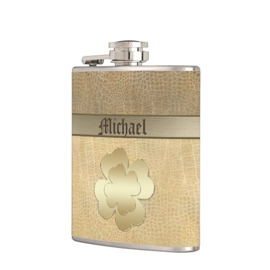 Elegantes, goldgelbes Kleeblatt-Leder-Look Flachmann (Links)