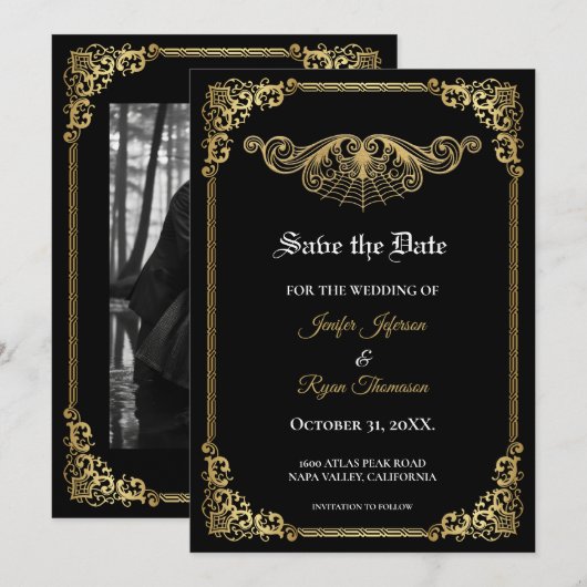 Elegantes goldgotisches Hochzeit-Save-the-Date-Mot Ankündigung (Vorne/Hinten)