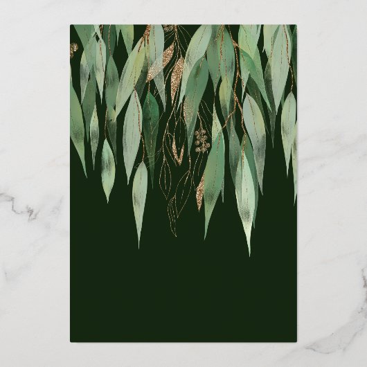 Elegantes goldgrünes Eukalyptus-Brautparty Folieneinladung (Rückseite)