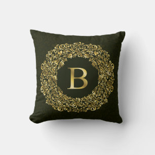 Elegantes goldgrünes Initial B Damask Monogramm Kissen