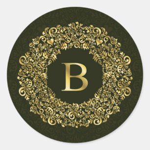 Elegantes goldgrünes Initial B Damask Monogramm Runder Aufkleber