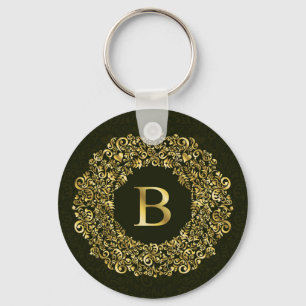 Elegantes goldgrünes Initial B Damask Monogramm Schlüsselanhänger