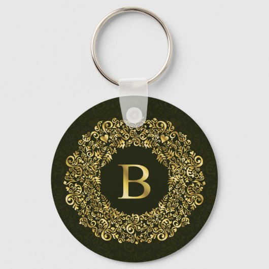 Elegantes goldgrünes Initial B Damask Monogramm Schlüsselanhänger (Vorderseite)
