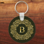 Elegantes goldgrünes Initial B Damask Monogramm Schlüsselanhänger (Rückseite)