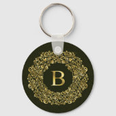 Elegantes goldgrünes Initial B Damask Monogramm Schlüsselanhänger (Rückseite)