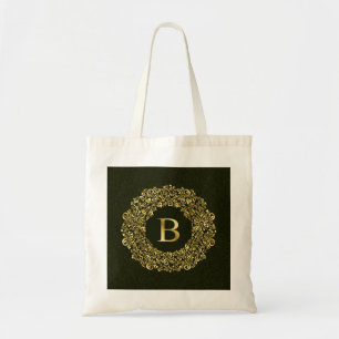 Elegantes goldgrünes Initial B Damask Monogramm Tragetasche