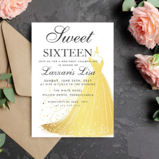 Elegantes Goldkleid 16 . Geburtstag 16 Geburtstag Einladung