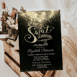 Elegantes Goldkonfetti, Schwarze Sweet 17 Einladung