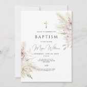 Elegantes Goldkreuz und rosa Blume boho Taufe Einladung (Vorderseite)