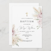 Elegantes Goldkreuz und rosa Blume boho Taufe Einladung (Vorne/Hinten)