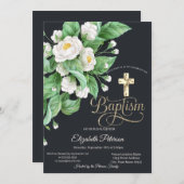 Elegantes Goldkreuz Weiße Blume Taufe Einladung (Vorne/Hinten)