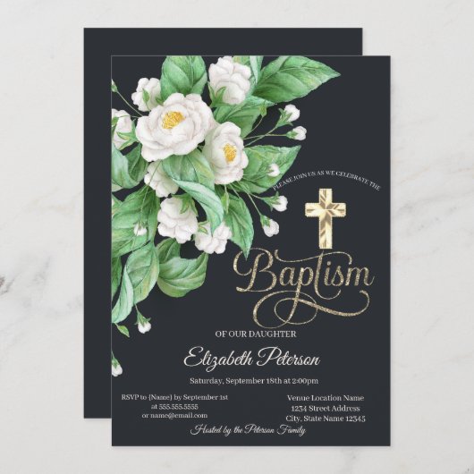 Elegantes Goldkreuz Weiße Blume Taufe Einladung (Vorne/Hinten)