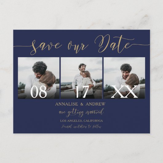 Elegantes Goldmarinebeschreiben 3 Fotos Save the D Postkarte (Vorderseite)