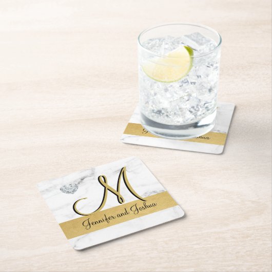 Elegantes Goldmarmor Hochzeitsgeschenk - Monogramm Rechteckiger Pappuntersetzer (Vor Ort)