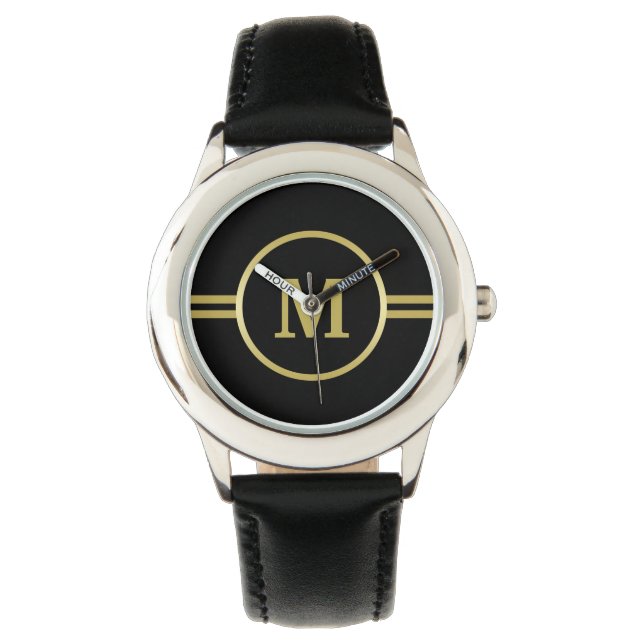 Elegantes Goldmonogramm auf schwarz Armbanduhr (Vorderseite)
