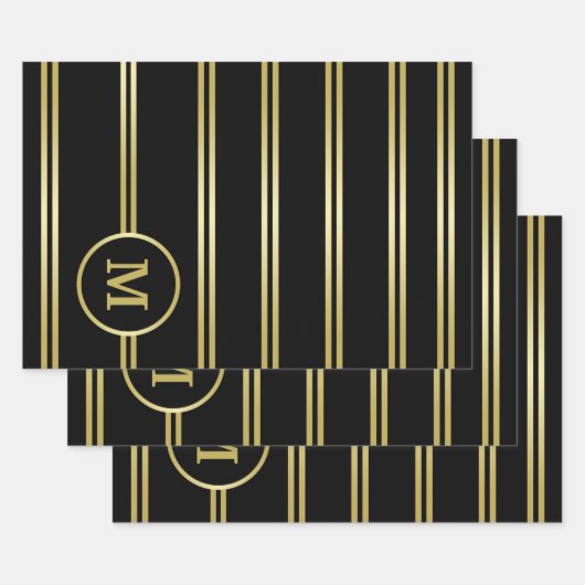 Elegantes Goldmonogramm auf schwarz Geschenkpapier Set (Set)