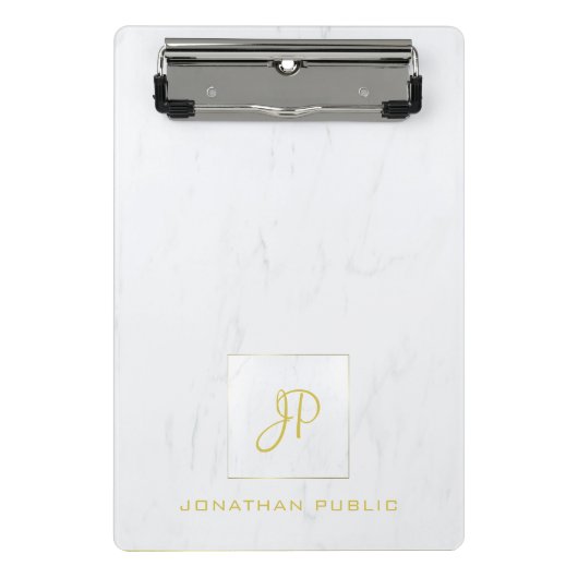 Elegantes Goldmonogramm Beruflicher weißer Marmor Mini Klemmbrett (Vorderseite)