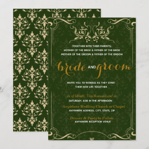 Elegantes Goldmuster in Emerald BG Hochzeit Einladung