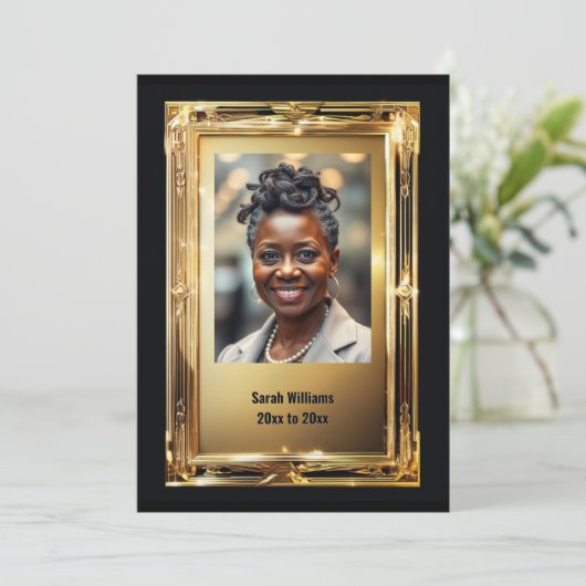 Elegantes Goldrahmen Pensionierung Foto Abschiedsf Einladung (Stehend Vorderseite)