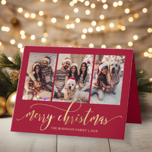 Elegantes Goldschrift-3-Foto-Collage-Rot-Weihnacht Feiertagskarte