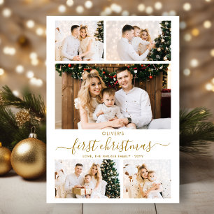 Elegantes Goldschrift-Baby-First-Christmas-5-Foto Feiertagskarte