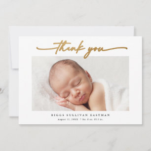 Elegantes Goldschrift-Foto Baby Dankeskarte