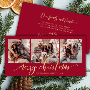 Elegantes Goldschrift-Rot-3-Foto-Collage-Weihnacht Feiertagskarte