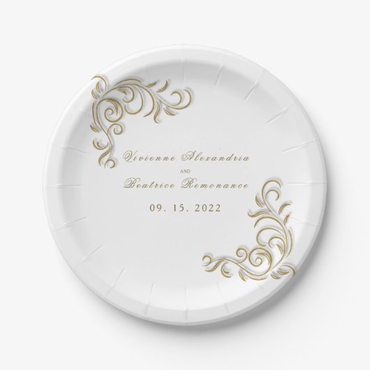 Elegantes Goldscroll Hochzeitsempfang Party Pappteller (Vorderseite)