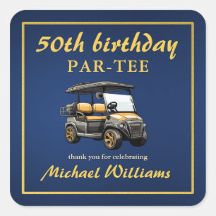Elegantes Golf-Themen-Wagen Blau-Gold 50. Geburtst Quadratischer Aufkleber
