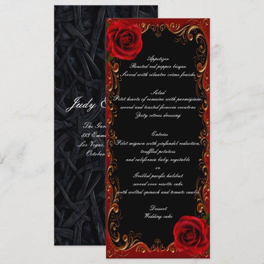 Elegantes Goth Rote Rosen Wedding Menu Menükarte (Vorne/Hinten)