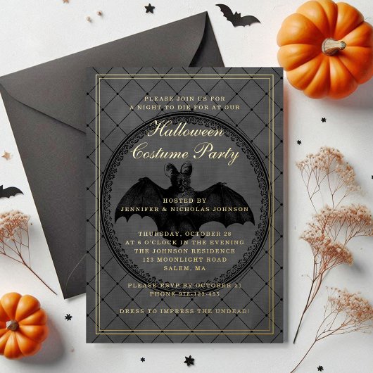 Elegantes Gothic Bat Halloween Kostüm Party Gold Folieneinladung