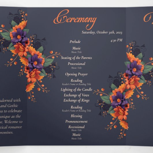 Elegantes Gothic-Complete-Hochzeitsprogramm Dreifach Gefaltete Einladung (Innenseite Mitte)