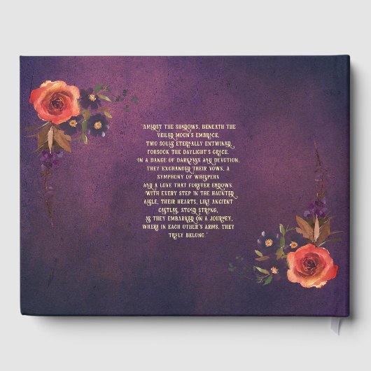 Elegantes Gothic Dark Floral Lila Foto Hochzeit Gästebuch (Rückseite)