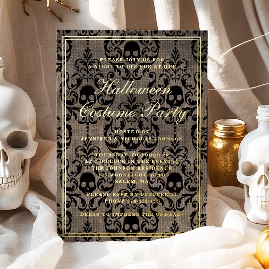 Elegantes Gothic Skull Halloween-Kostüm-Party Folieneinladung