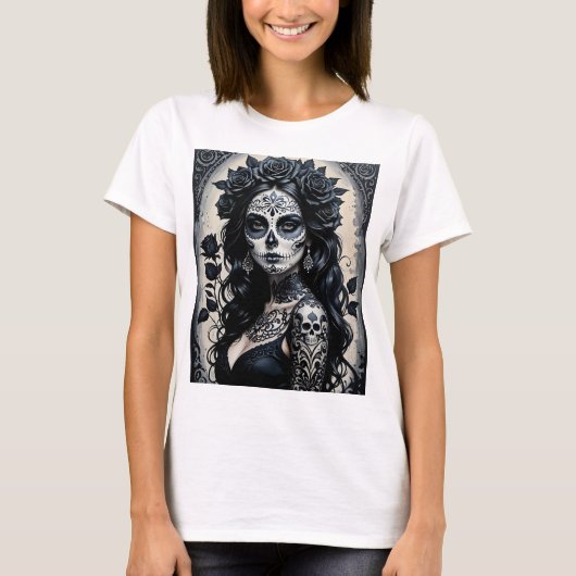 Elegantes Gothic Sugar Skull T-Shirt (Vorderseite)
