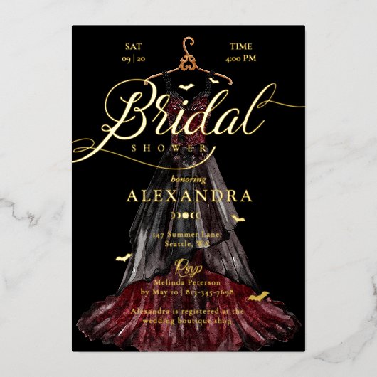 Elegantes Gotisches Black Wedding Dress Brautparty Folieneinladung (Vorderseite)