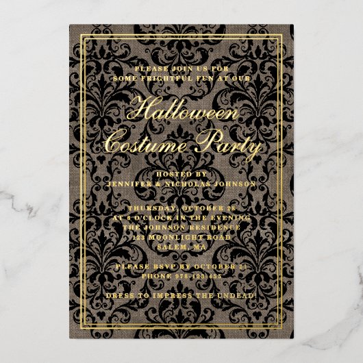 Elegantes Gotisches Halloween-Kostüm-Party Gold Folieneinladung (Vorderseite)