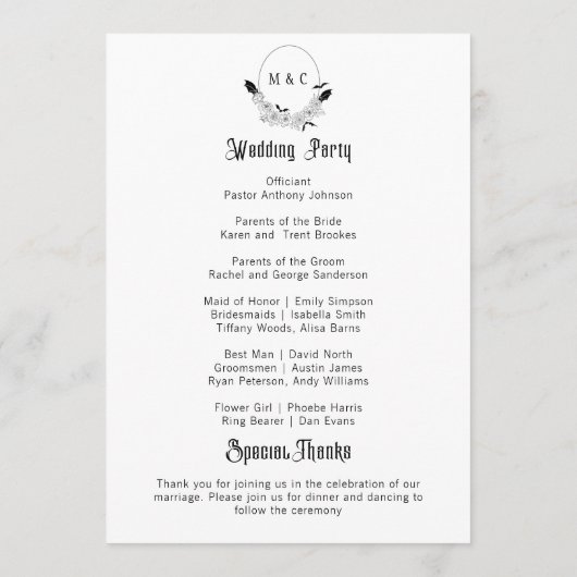 Elegantes Gotisches Hochzeitsprogramm für Flora Programm (Rückseite)