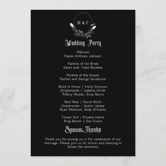 Elegantes gotisches Schwarzes Hochzeitsprogramm Programm (Rückseite)