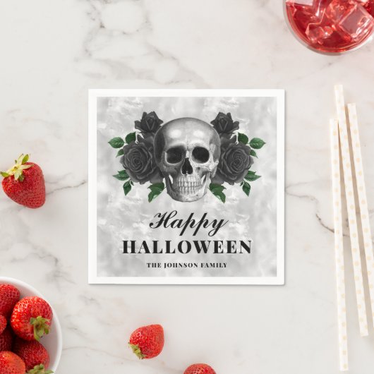 Elegantes gotisches Schwarzes Rose & Skull Happy H Serviette (Beispiel)