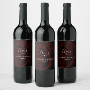 Elegantes Gotisches Schwarzes & Rotes Blumengebäck Weinetikett