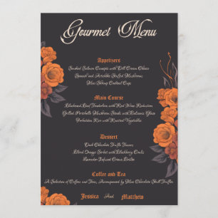 Elegantes Gourmet-Menü mit orangefarbenen Blumen Menükarte