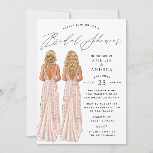 Elegantes Gown Brautparty Zwei Girls Einladung (Vorderseite)