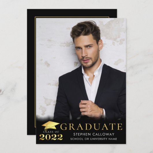 Elegantes Graduate 2022 Black Gold Metallic 2 Foto Ankündigung (Vorne/Hinten)