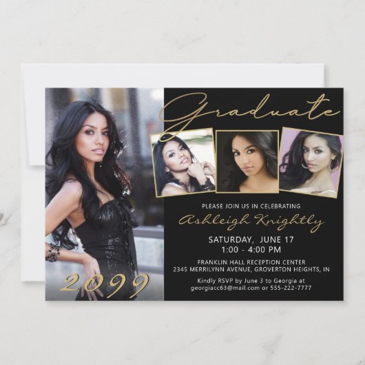 Elegantes Graduate Black Script 4 Foto Einladung (Vorderseite)