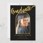 Elegantes Graduate Foto Arch Black and Gold Script Ankündigung (Vorderseite)