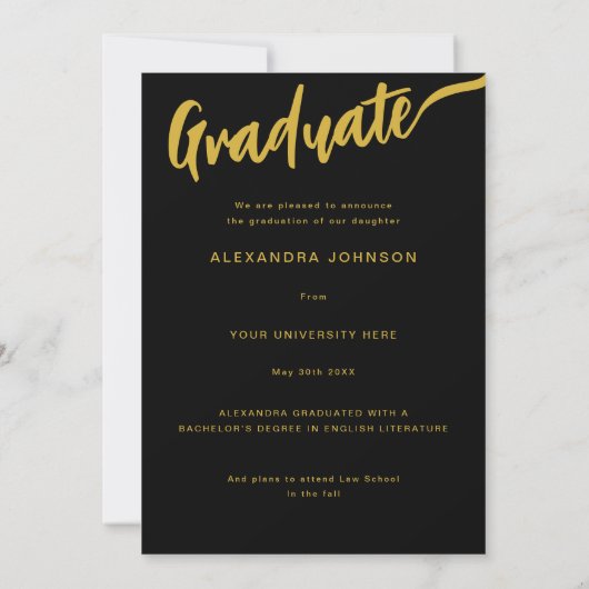 Elegantes Graduate Foto Arch Black and Gold Script Ankündigung (Rückseite)