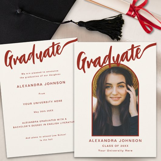 Elegantes Graduate Foto Arch Burnt Orange Script Ankündigung